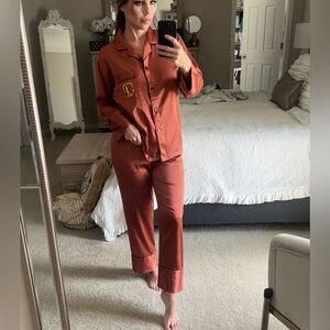 Rust Red Satin Pajama Set with Contrast Piping initial J  small